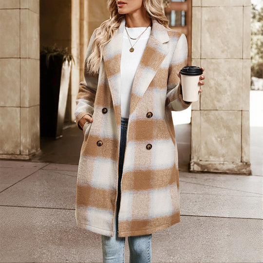 Damen Zweireihiger Wollmix-Mantel mit Oversize-Karos, Reverskragen und Eingrifftaschen Shop Nory