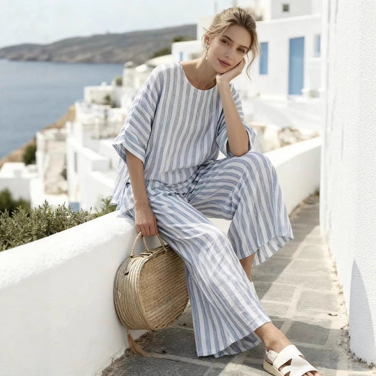 Damen Zweiteiliges gestreiftes Leinen‑Optik Lounge‑Set mit Oversize‑Bluse und High‑Waist Palazzo Shop Nory
