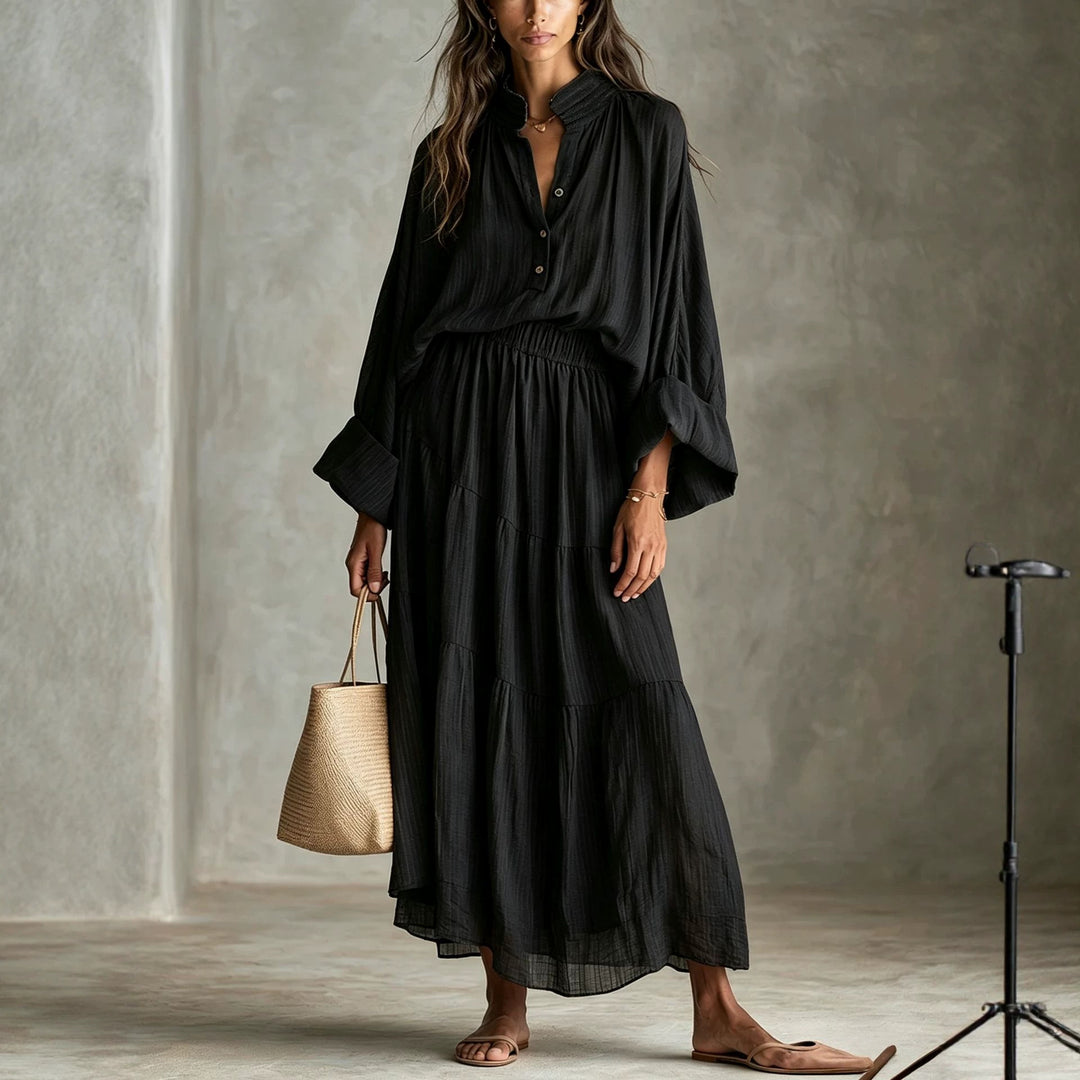 Damen Maxikleid mit geraffter Taille, Stehkragen und voluminösen Ballonärmeln Shop Nory
