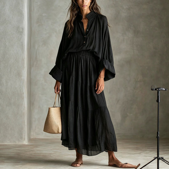 Damen Maxikleid mit geraffter Taille, Stehkragen und voluminösen Ballonärmeln Shop Nory