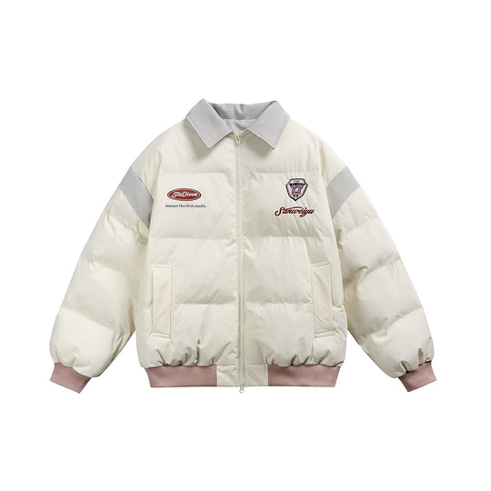 Damen Kurz geschnittene wattierte Blousonjacke mit kontrastierendem Kragen und Stickdetails Shop Nory