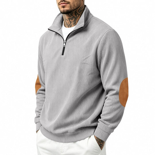 Herren Leichter Struktur-Halbzip-Pullover mit Cord‑Ellbogenpatches und Stehkragen Shop Nory