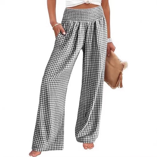 Damen Leichte Palazzo‑Hose mit Smokbund, weitem Bein und Karo‑Print Shop Nory