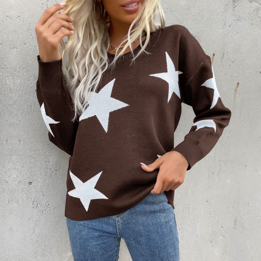 Damen Sternen-Feinstrickpullover mit V-Ausschnitt und lässiger Oversize-Passform Shop Nory