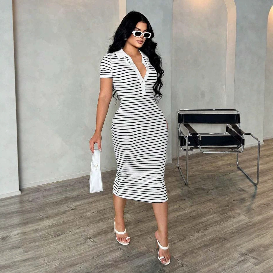 Damen Figurbetontes Polokleid im Streifen‑Look aus Rippstrick mit kurzem Ärmel Shop Nory