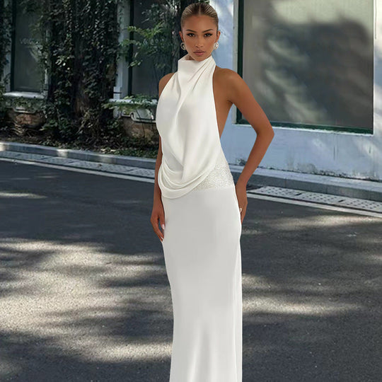 Damen elegantes Abendkleid mit tiefem Wasserfall-Ausschnitt und innovativer Drapierung