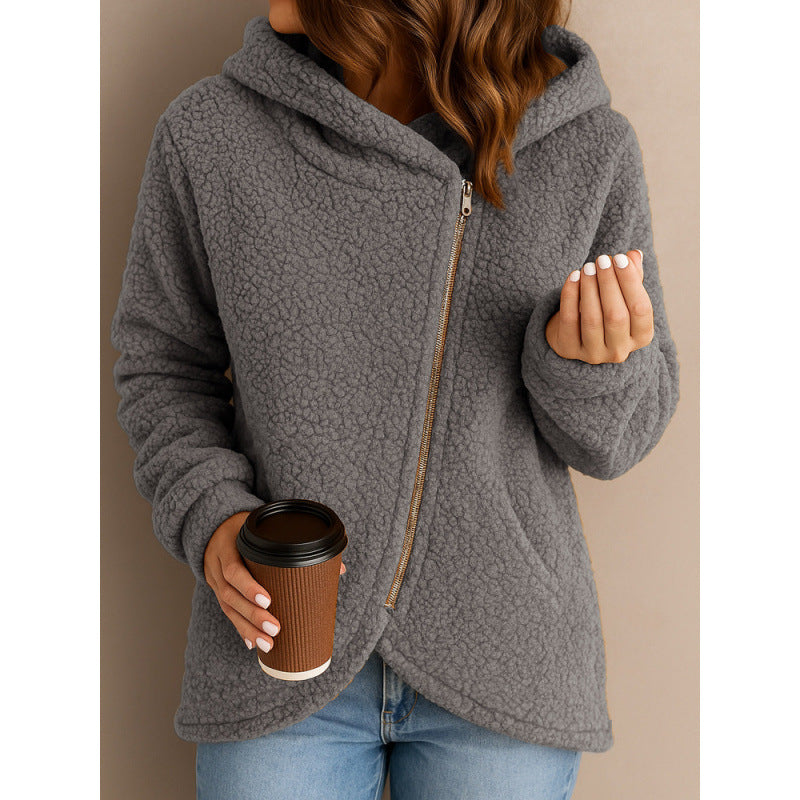 Damen Teddy-Fleecejacke mit asymmetrischem Reißverschluss, Kapuze und gewelltem Saum Shop Nory
