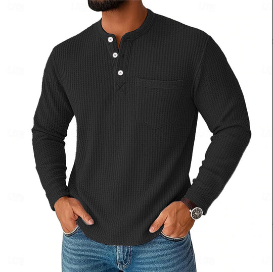 Herren Langarm Henley mit Waffelstruktur und Brusttasche thermisches Langarmshirt Shop Nory