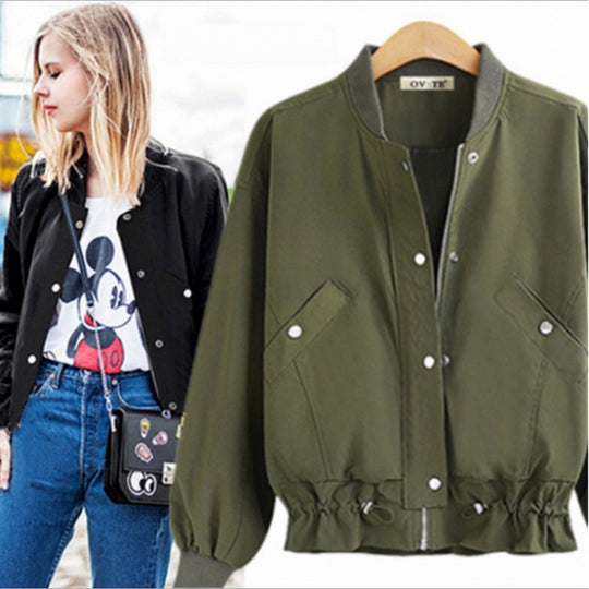 Damen Oversize Bomberjacke mit Tunnelzugbund, Druckknopfleiste und aufgesetzten Taschen Shop Nory