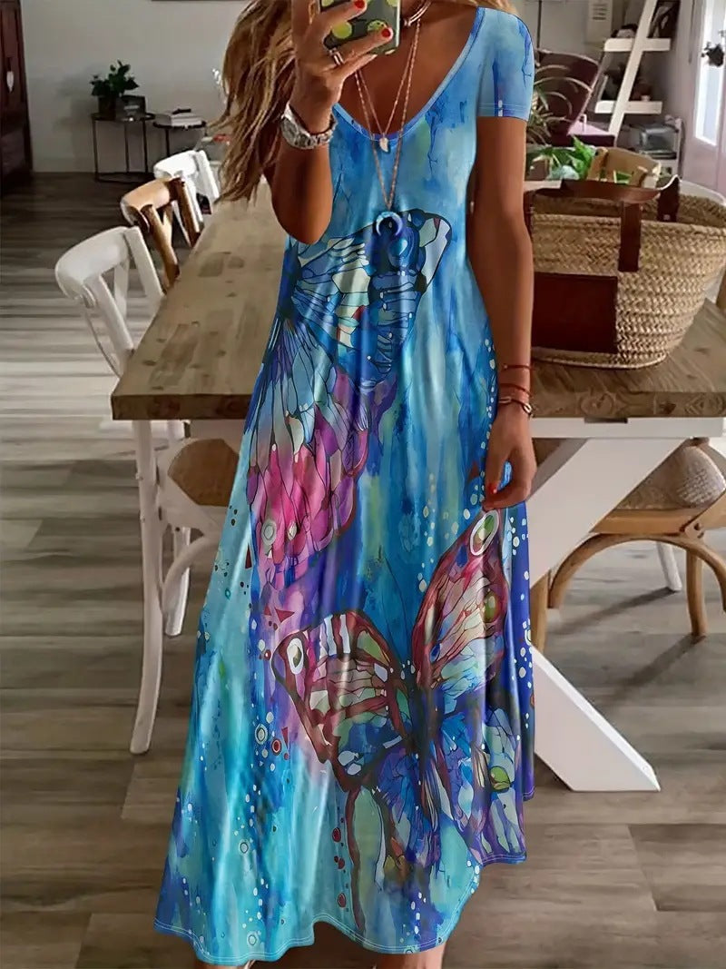 Damen Maxikleid mit buntem Schmetterlingsdruck Shopnory