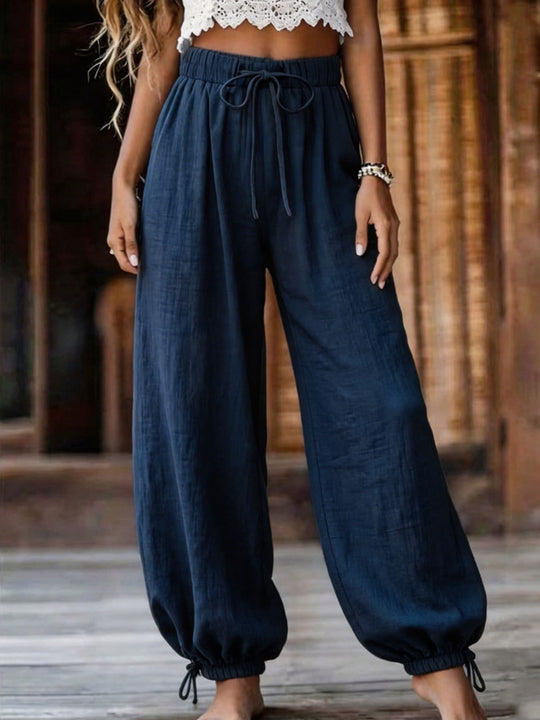 Damen Leichte Leinenhose mit weitem Bein und elastischem Bund Shop Nory