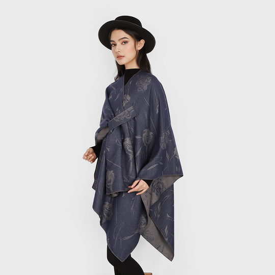 Damen Wendbarer Capeponcho mit Rosen-Jacquard und Bindegürtel Shop Nory