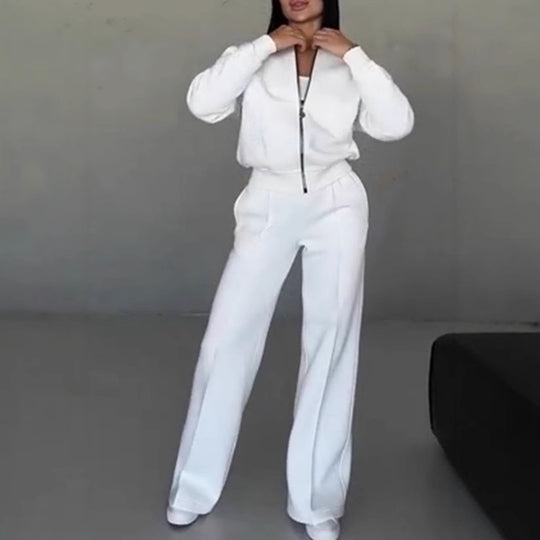 Damen nan kurz geschnittenes Blouson mit Reißverschluss und weiter High-Waist Jogginghose Set Shop Nory