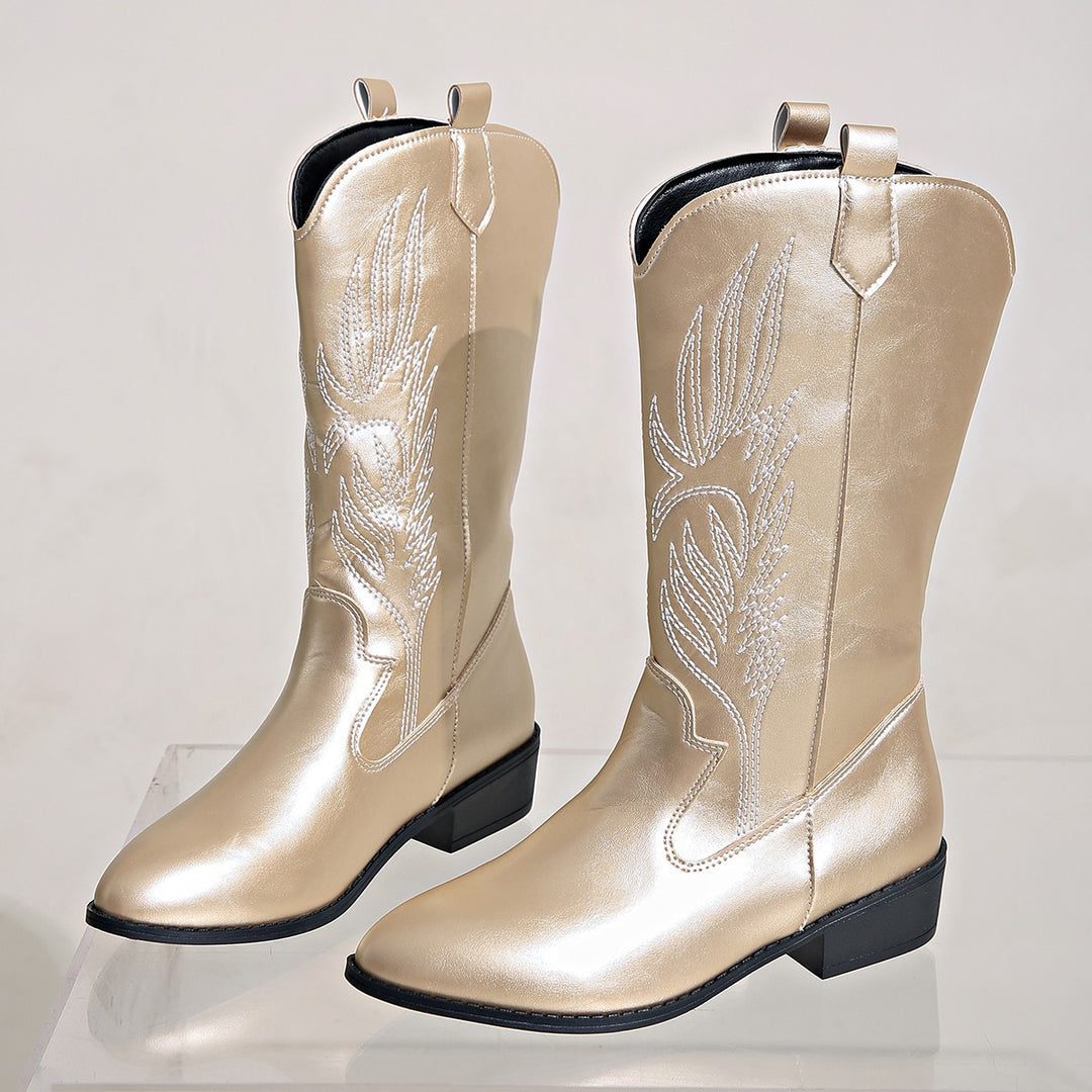 Damen Cowgirl-Kniehoher Stiefel mit dekorativer Stickerei, Pull‑Tabs und komfortablem Blockabsatz Shop Nory