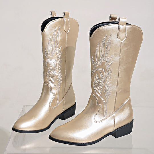 Damen Cowgirl-Kniehoher Stiefel mit dekorativer Stickerei, Pull‑Tabs und komfortablem Blockabsatz Shop Nory