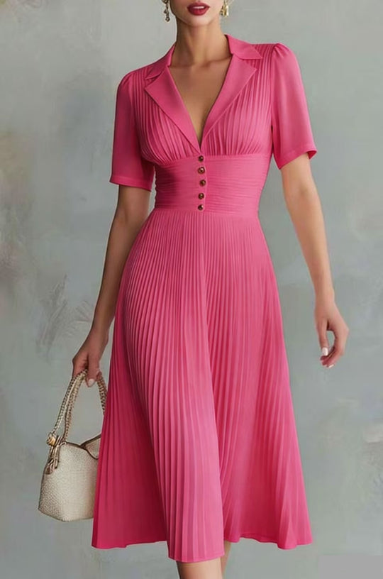 Damen Plissiertes Midikleid mit Reverskragen, tailliertem Raffung-Bund und Zierknöpfen Shop Nory