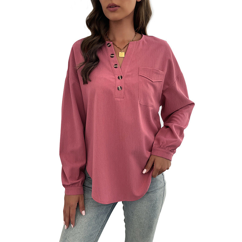 Damen Texturiertes Henley-Blusenshirt mit Knopfleiste und Brusttasche Shop Nory