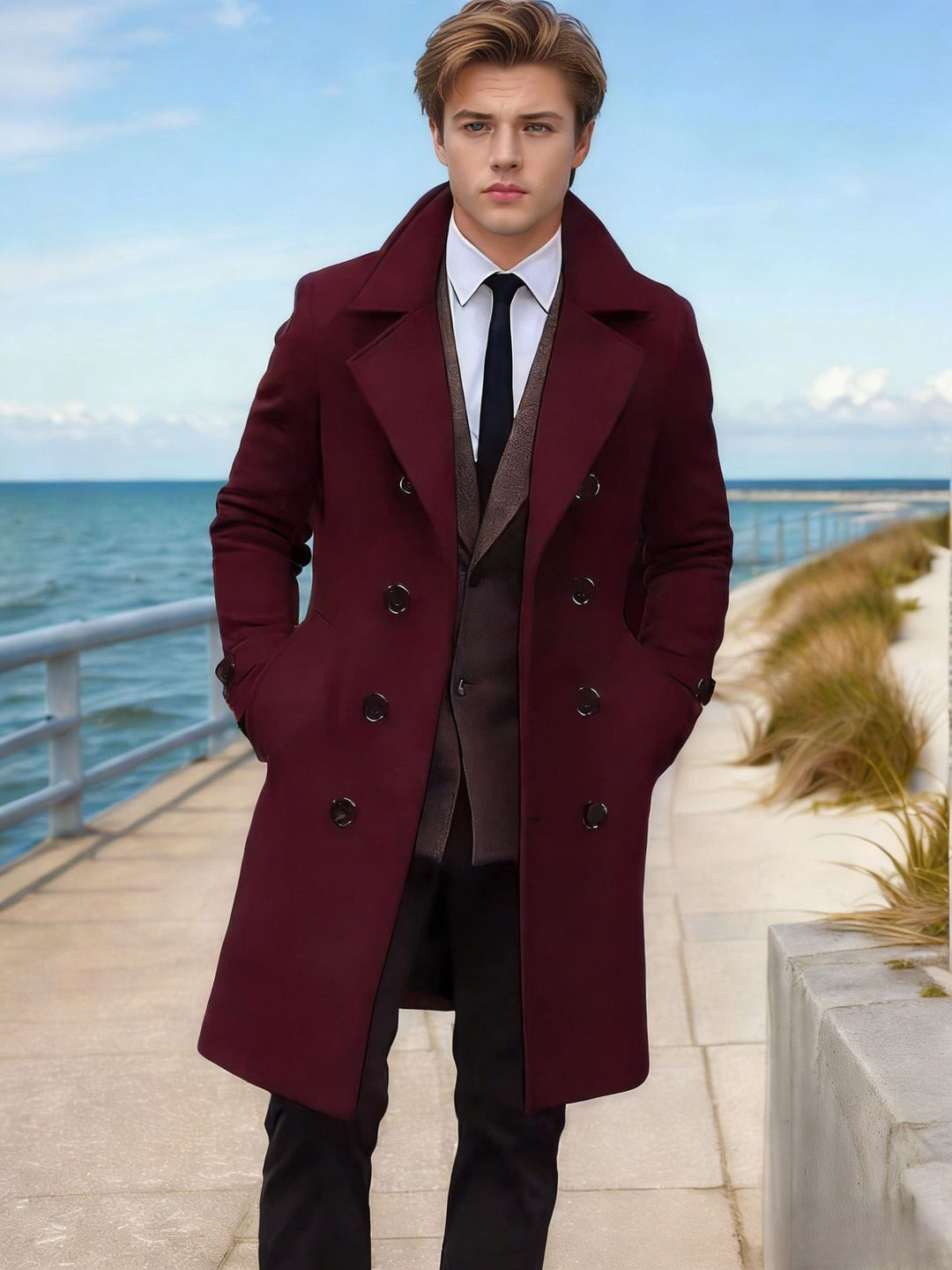 Herren Eleganter einreihiger Langmantel aus Wollmix mit schmaler Silhouette und Reverskragen Shop Nory