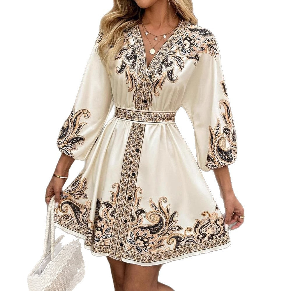 Damen Kurzes Kleid mit V-Ausschnitt, ornamentaler Bordürenstickerei, Taillengürtel & Ballonärmeln Shop Nory