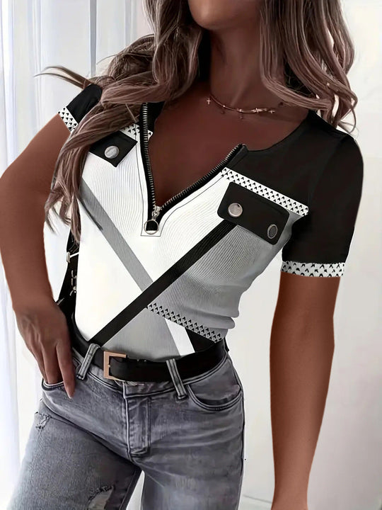 Damen Kurzarm Oberteil mit Reißverschluss und geometrischem Design Shopnory