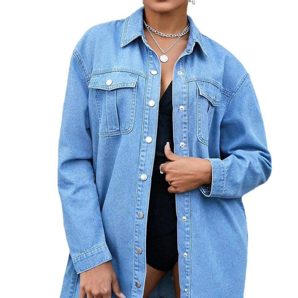 Damen taillenbetontes Denim-Hemdkleid mit Bindegürtel und Druckknopfleiste Shop Nory