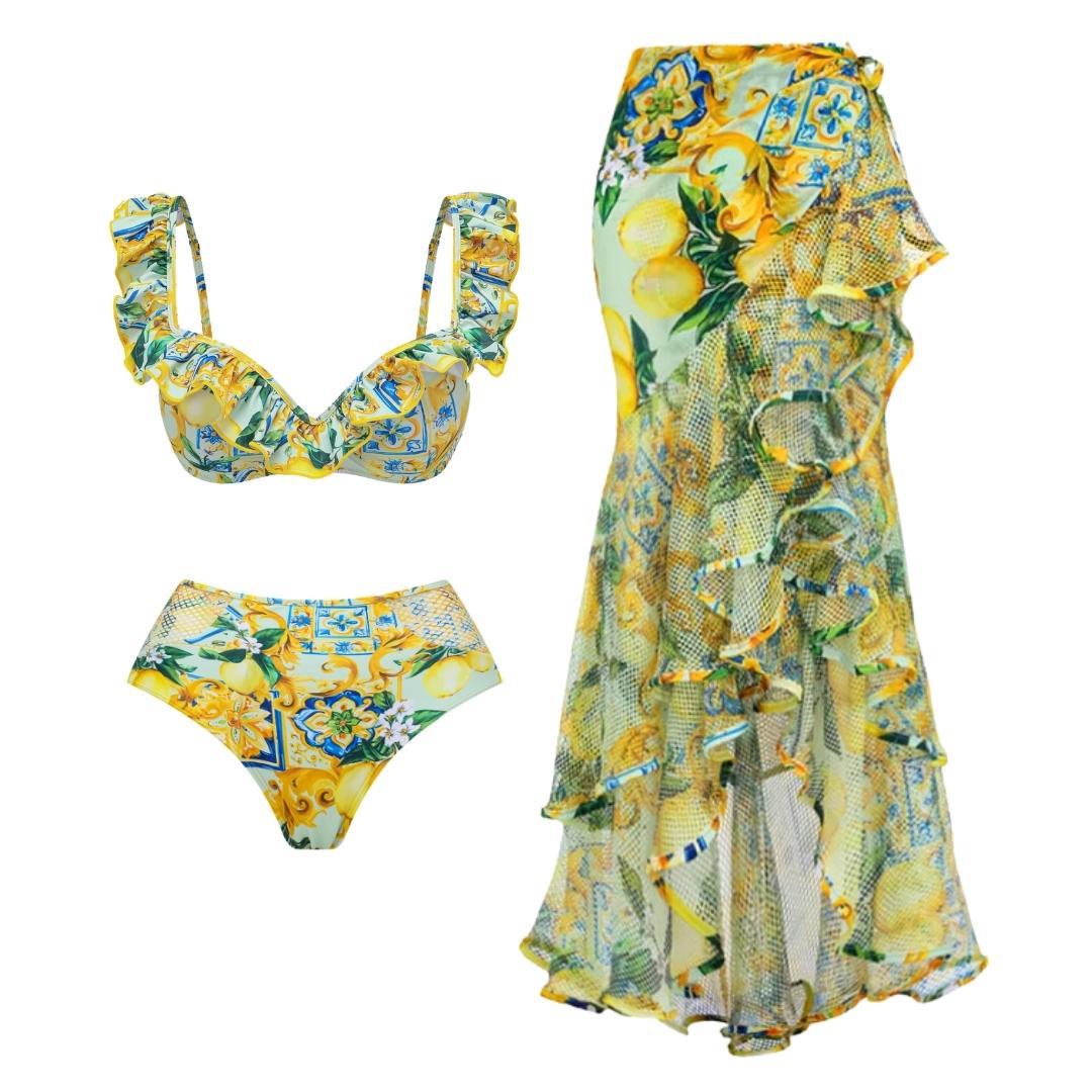 Damen Bikiniset mit elegantem Rüschendesign und maxi Rock