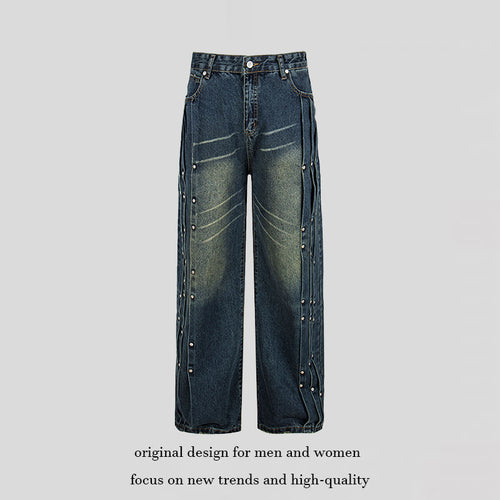 Damen Weite Denim-Jeans mit Druckknopf-Seitenleisten, hoher Taille und Used-Waschung Shop Nory