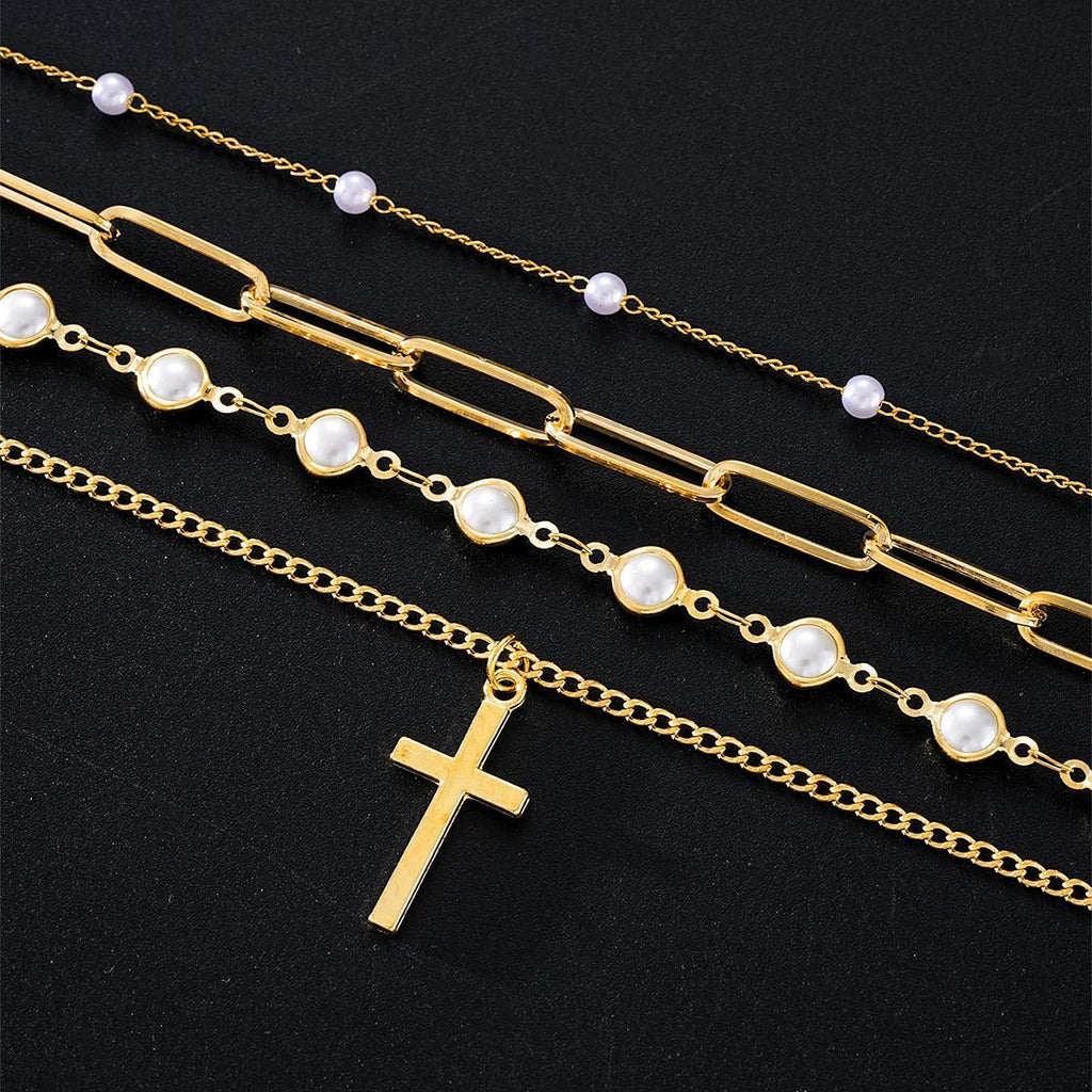 Damen mehrlagige Halskette mit elegantem Kreuzanhänger und Perlendetails Shop Nory