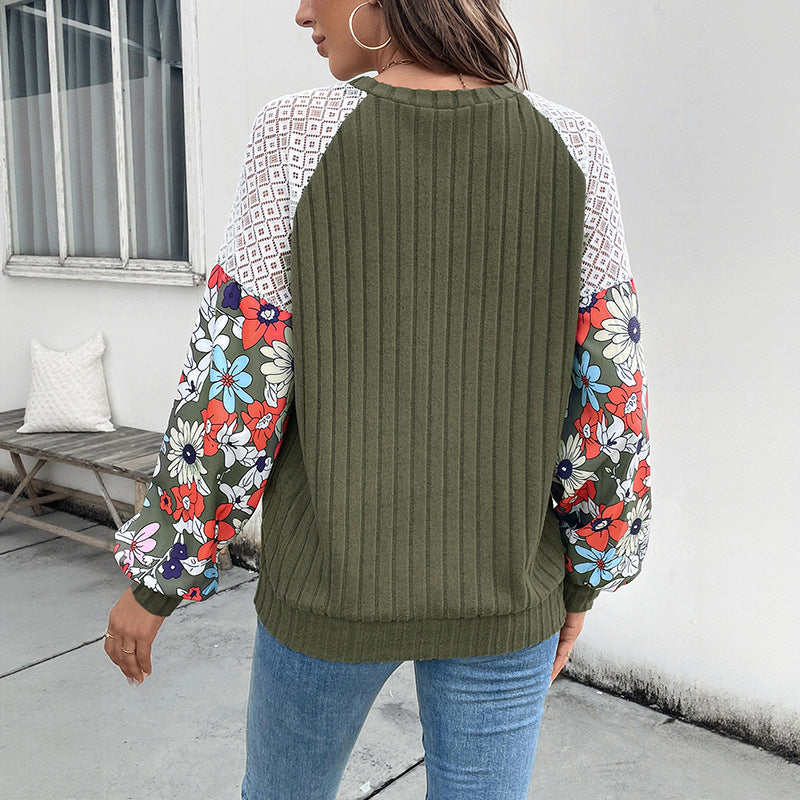 Damen Gerippter Strickpullover mit Häkel-Schulter & gShop Norylümten Ballonärmeln Shop Nory