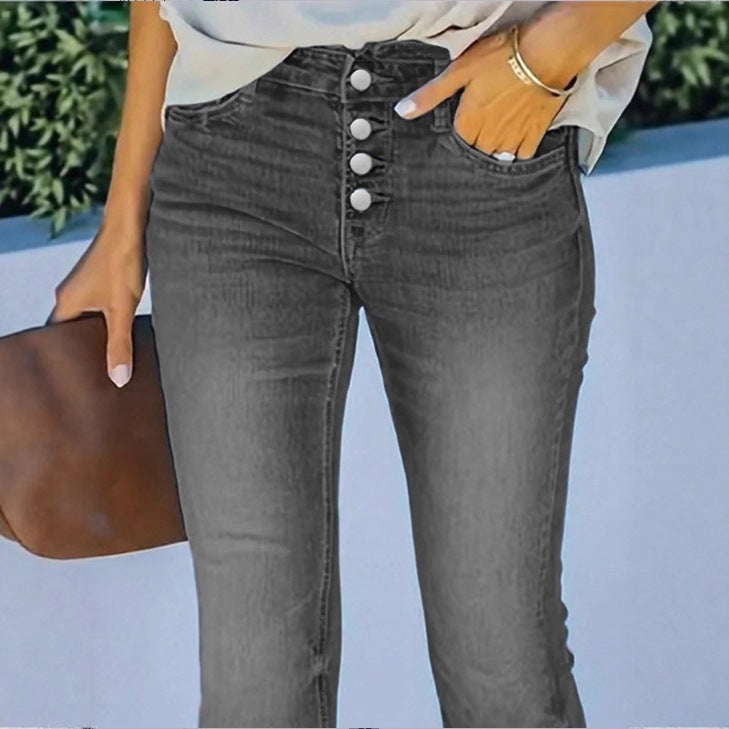 Damen taillenhohe Schlagjeans mit dekorativer Knopfleiste und sculptendem Sitz Shop Nory