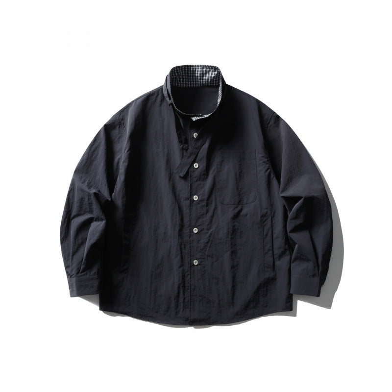 Unisex Weites Crinkle-Hemd mit hochschließendem Stehkragen und verdeckter Knopfleiste Shop Nory