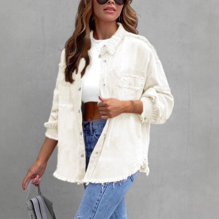 Damen Lässige Denim-Überwurfjacke im Hemdstil mit Raw-Edge und Druckknopfleiste Shop Nory