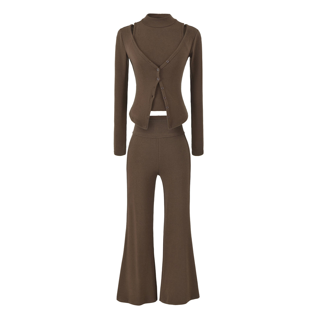 Damen Figurbetontes Layering-Set mit Rollkragen-Longsleeve und asymmetrischer Knopfjacke und ausgestellter High-Waist Hose Shop Nory