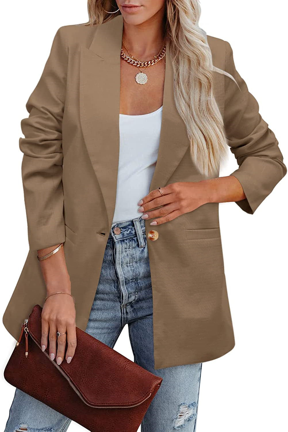 Shopnory | Doppelreihiger Blazer mit Gerafften Ärmeln und Taschen