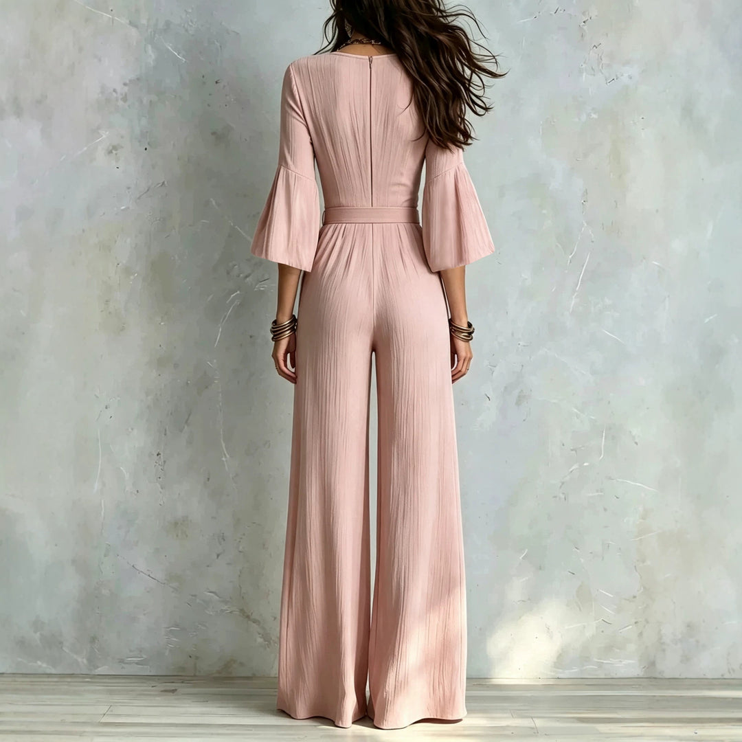 Damen Jumpsuit Wickel-Optik mit weitem Bein, Taillengürtel und Glockenärmeln Shop Nory