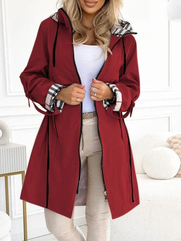 Damen nan taillierter Regenparka mit Kapuze kariert gefütterter Innenkragen und Tunnelzug Shop Nory