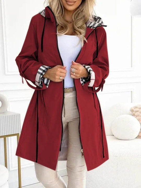 Damen nan taillierter Regenparka mit Kapuze kariert gefütterter Innenkragen und Tunnelzug Shop Nory