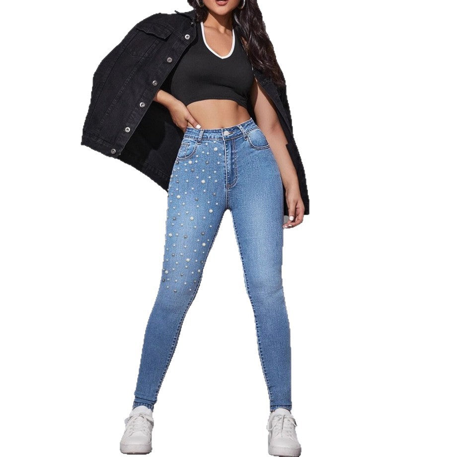 Damen Hochgeschnittene Sculpting-Skinny-Jeans mit asymmetrischem Perlenmuster Shop Nory