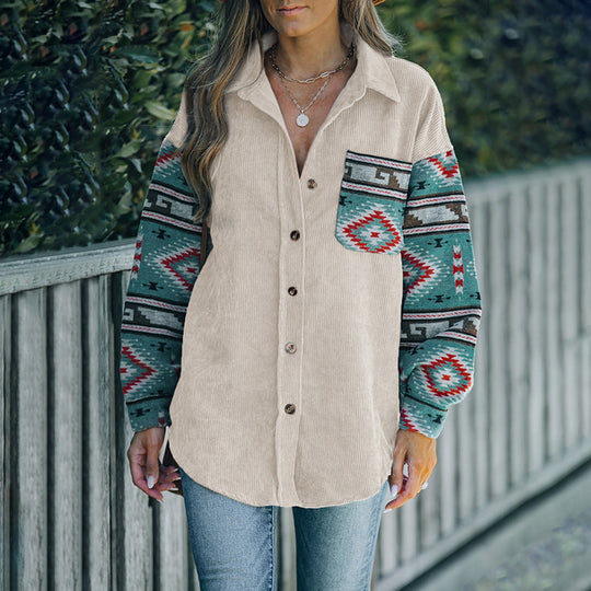 Damen Cord‑Hemdenjacke mit gemusterten Strickärmeln und aufgesetzter Brusttasche Shop Nory
