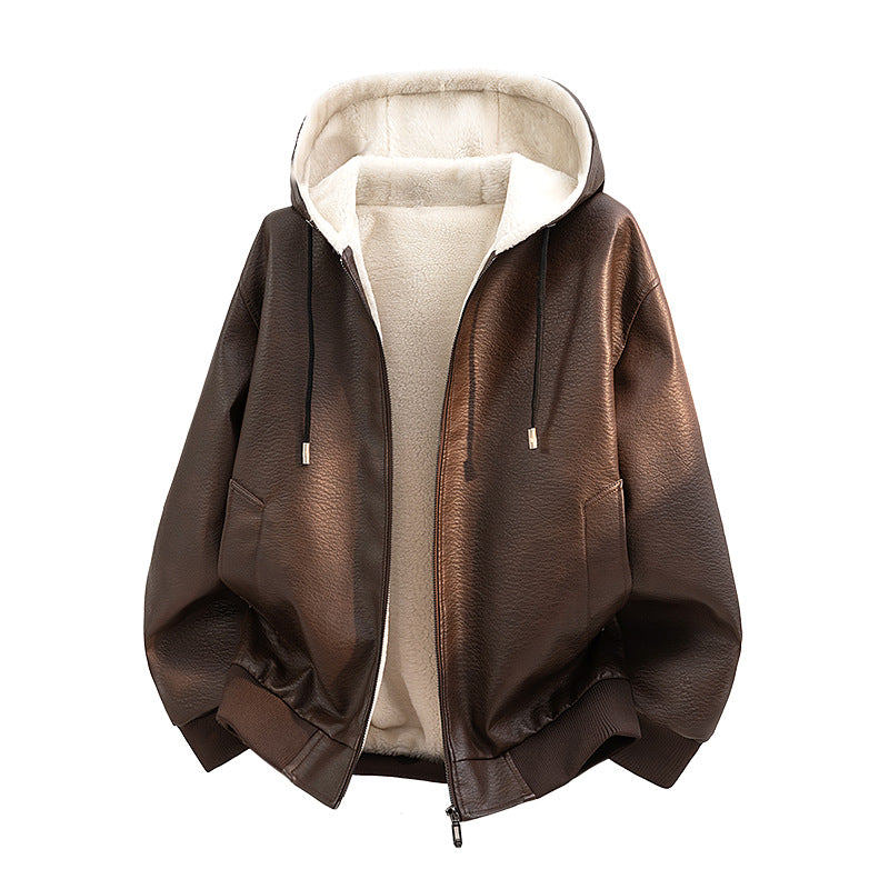 Herren Kapuzenjacke aus Leder mit Teddyfutter Shop Nory