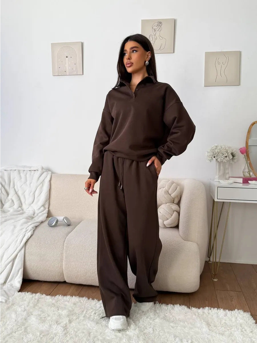 Damen weites Polo-Lounge-Set mit elastischem Tunnelzugbund und Wide‑Leg-Jogginghose Shop Nory