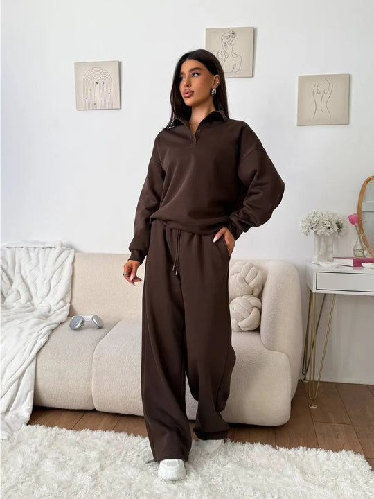 Damen weites Polo-Lounge-Set mit elastischem Tunnelzugbund und Wide‑Leg-Jogginghose Shop Nory