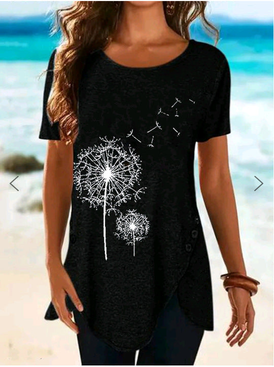 Damen Kurzarmshirt mit asymmetrischem Saum und Dandelion-Print