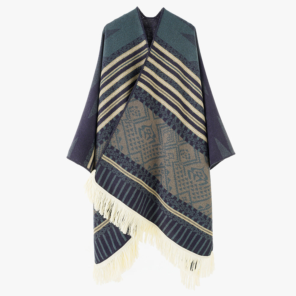Damen Gewebter Jacquard-Poncho mit V-Ausschnitt, Ethno‑Print und Fransen Shop Nory