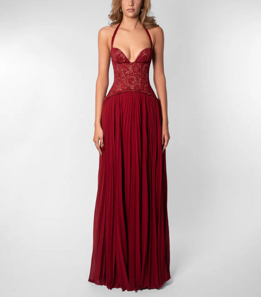 Damen nan elegantes Abendkleid mit Spitzenkorsett und plissiertem Maxirock