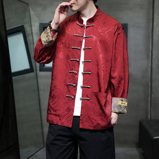 Herren traditionelle Tangjacke mit chinesischem Knotenverschluss und Brokatärmeln Shop Nory