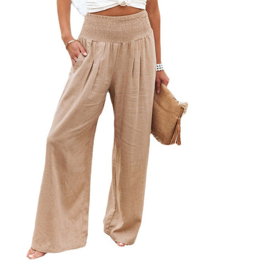 Damen Weite Leinenhose mit elastischem Bund und plissierten Details