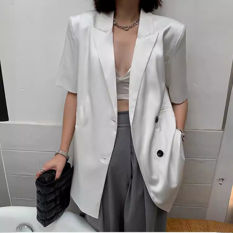 Damen Eleganter Satin-Blazer mit doppelter Knopfleiste Shop Nory