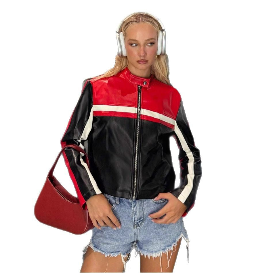 Damen sportliche Kunstlederjacke mit dekorativen Streifen