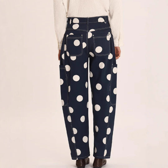 Damen weite Cargo-Hose mit hoher Taille, Punkteprint und sichtbaren Kontrastnähten Shop Nory